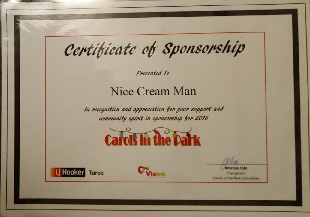 Carols in the Park certificate of sponsorship