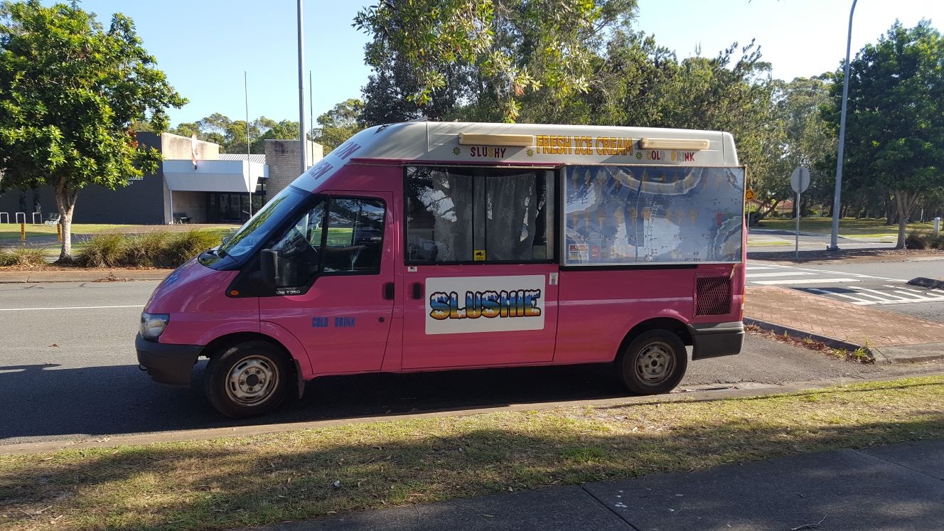 A pink Nice Cream Man van