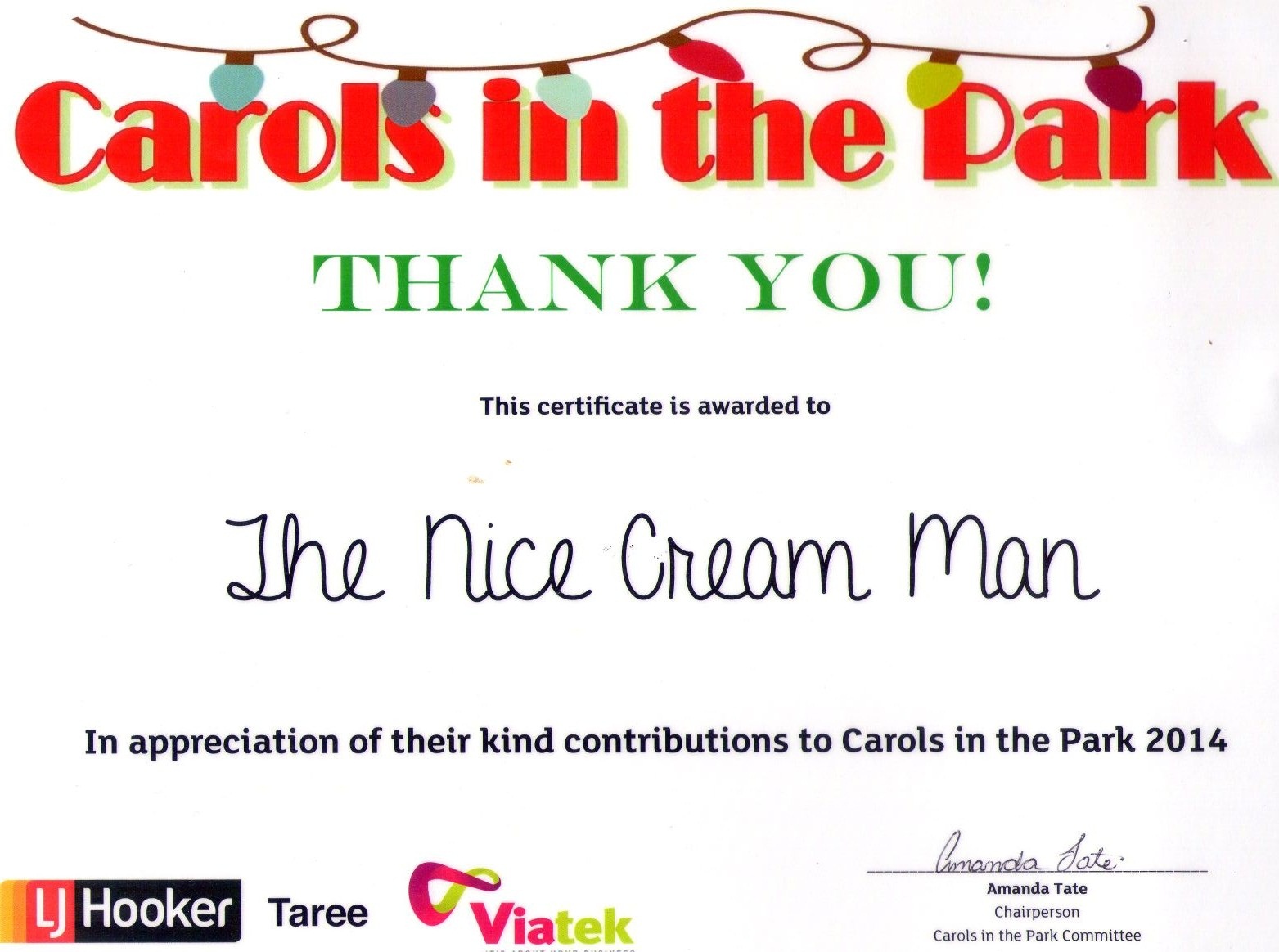 Carols in the Park 2016 thank-you certificate